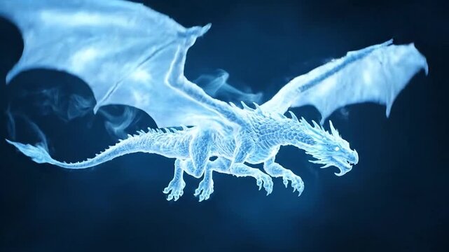 Ghostly blue dragon flying, seen from below, wings spread