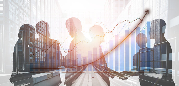 A striking image featuring silhouettes of business professionals against an urban skyline, overlaid with upward graph trends symbolizing growth and success. Impute - Powered by Adobe