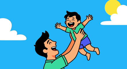 A cartoon illustration of a father holding his son up in the air with a blue sky background scene