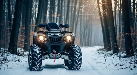 All terrain vehicle in snowy forest winter