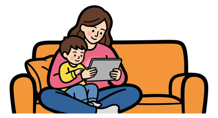 Cartoon illustration of a mother and child using a tablet on an orange couch together happily inside
