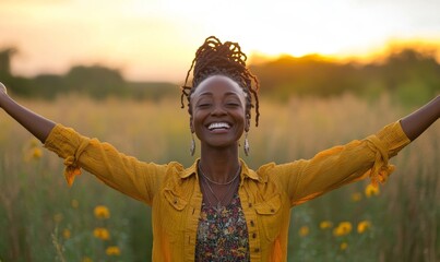Laughing woman raising her arms in a rural field during sunset, representing praise, worship, and freedom. This uplifting image emphasizes the beauty of nature and spiritual moments, Generative AI