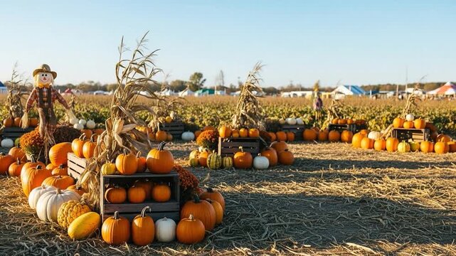 Vibrant autumn harvest festival pumpkins in field, inviting fall vibes, copy space for your design