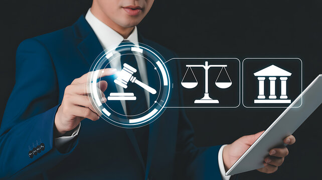 Lawyer interacting with digital icons of law and justice legal gavel