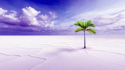 A solitary palm tree stands on a cracked white salt flat, stretching towards a vibrant purple and blue sky filled with dramatic clouds.