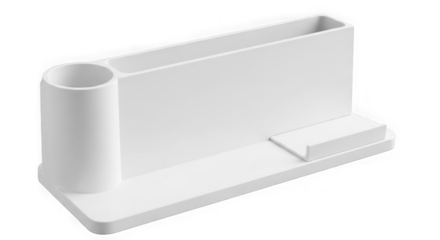 White desk organizer for pens and phone isolated on transparent background