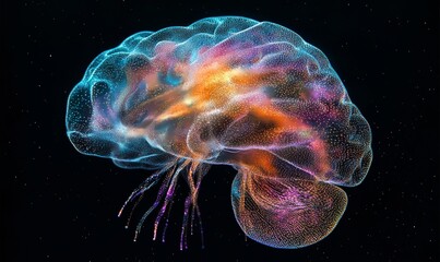 Human brain and neural network depicted on a black background, representing scientific exploration, mental health, and cognitive functions. The iridescent and holographic design, Generative AI