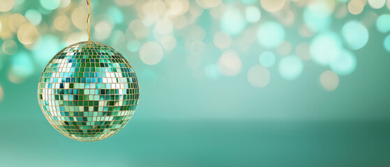 Disco ball gleams, reflecting bright lights, created AI