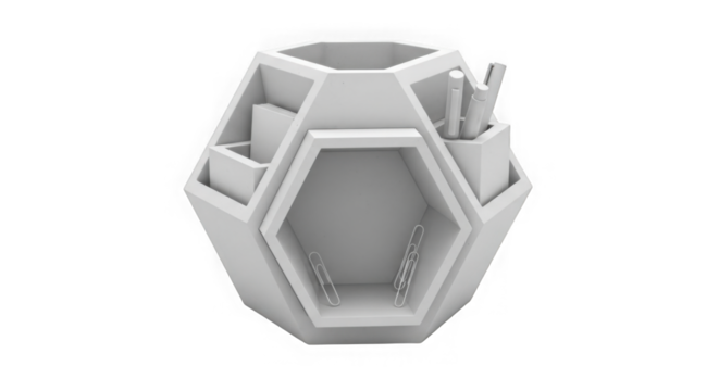 Geometric white desk organizer with compartments isolated on transparent background