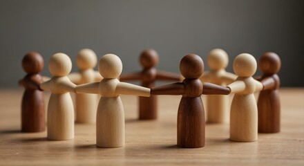 Circle of Unity: A circle of diverse wooden figurines stands together, their arms outstretched in a symbol of togetherness, unity and diversity.