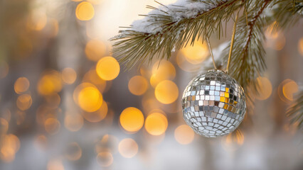 Obraz premium Disco ball on pine with snow and warm lights, created AI
