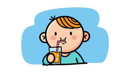 Cartoon illustration of a child drinking orange juice through a red and white striped straw happily