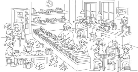 Obraz premium Santa's workshop elves toys christmas holiday gifts presents conveyor belt fun