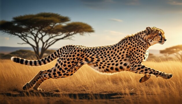 Majestic cheetah running in african savannah for international cheetah day awareness