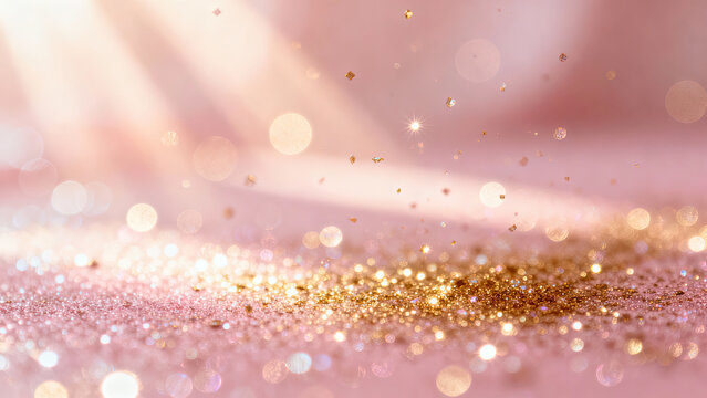 Dreamy scene of soft pink glitter bokeh with shimmering golden particles creates magical and enchanting atmosphere. light sparkles beautifully, adding touch of elegance