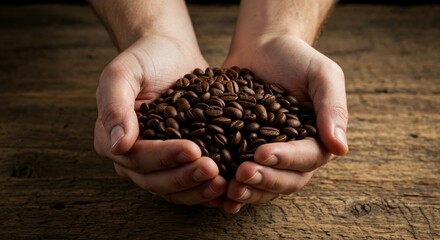 Coffee Beans in hand: A close-up shot captures hands tenderly cradling a generous heap of roasted coffee beans, the rich aroma of the beans practically emanating from the image.