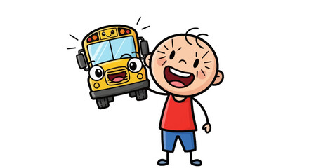 Cartoon boy holding a cartoon yellow school bus with a happy smiling face on a white background