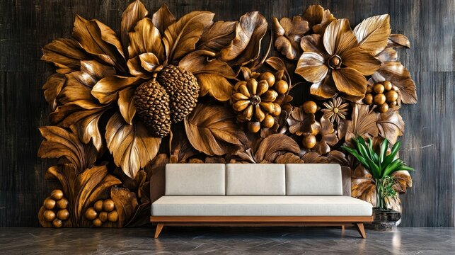 Sofa in front of wooden carved flowers on wall, indoors decoration, set backdrop