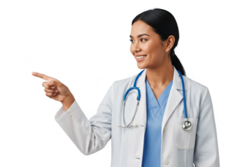 Young female doctor pointing to the side isolated on transparent background