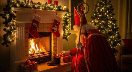 Festive st. nicholas celebrating by the fireplace with holiday decor and gift traditions