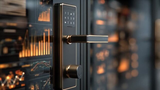 Futuristic digital lock with financial data displays