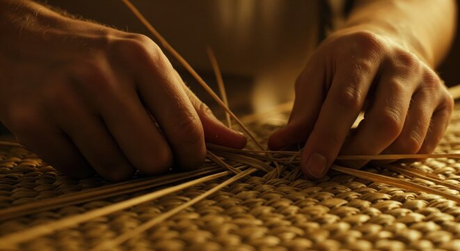 Weaving Hands: A close-up shot captures the skillful hands of an artisan as they meticulously weave a piece of craft, showcasing the artistry, patience.