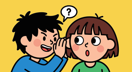 Boy whispering a secret to a girl with a question mark above her head on a yellow background