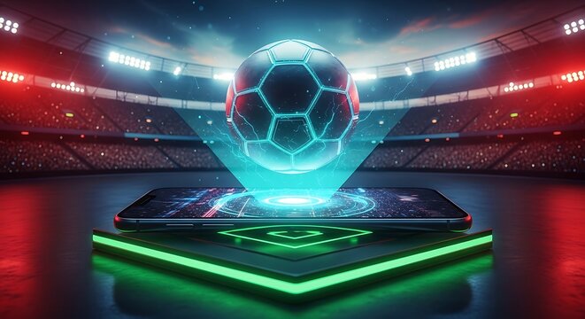 Futuristic soccer ball hologram on phone smartphone