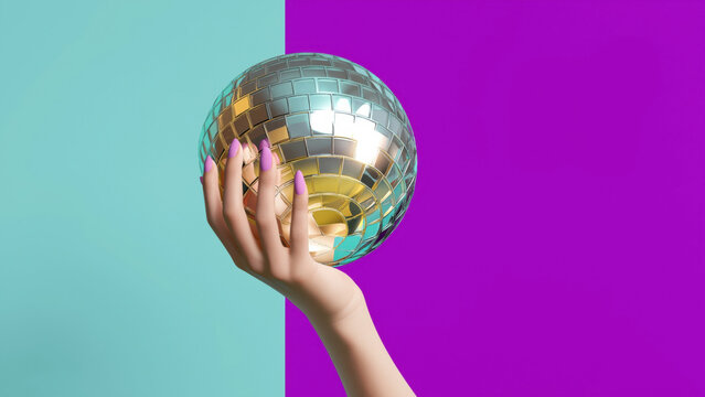 Hand holding a disco ball with vibrant colors, created AI
