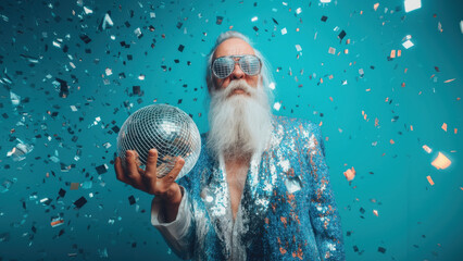Man in a blue suit holds a disco ball with confetti, created AI