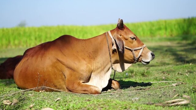 Beautiful Red Cow Sitting Relaxing on Ground in 4K | Peaceful Animal Footage