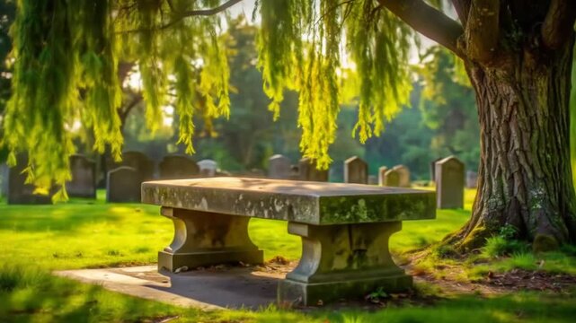 Stone Bench Beneath a Willow Tree in a Peaceful Cemetery.