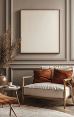 Living room with modern design furniture and decor, showcasing a cozy and luxurious home interior. The blank wall offers space for text or framed images, ideal for architecture, Generative AI