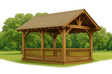 Wooden gazebo standing in green park setting, offering shade, relaxation, and outdoor living space with transparent background
