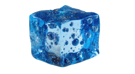 A vibrant blue, glassy cube, filled with air bubbles