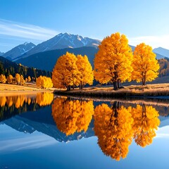 Autumn scene of golden trees reflecting in a tranquil lake with mountains