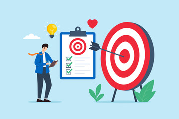 Flat illustration of businessman setting measurable goals and focusing on success target with planning strategy clear vision and motivation to achieve bullseye