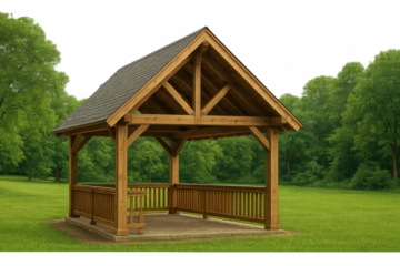 Wooden gazebo structure featuring a timber frame design, a dark roof, and a protective railing, standing on green grass with a transparent background