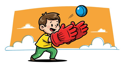 Cartoon boy with oversized red gloves reaching to catch a blue ball against an orange sky backdrop
