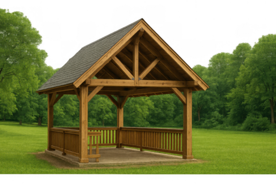 Wooden gazebo structure featuring a timber frame design, a dark roof, and a protective railing, standing on green grass with a transparent background