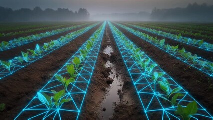 Digital mesh network connecting rows of young crops in an agricultural field at dawn - Powered by Adobe