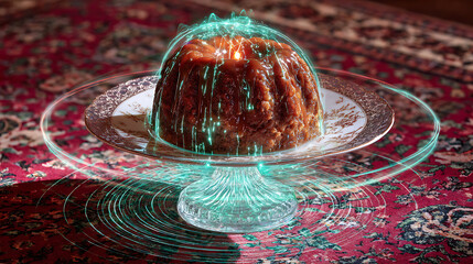 Traditional pudding dessert on elegant plate with sci-fi holographic energy field, surreal food technology concept
