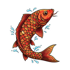 Vibrant orange koi fish swimming with splashes of water isolated on transparent background