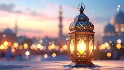 Beautiful lantern illuminated during sunset with mosque in the background
