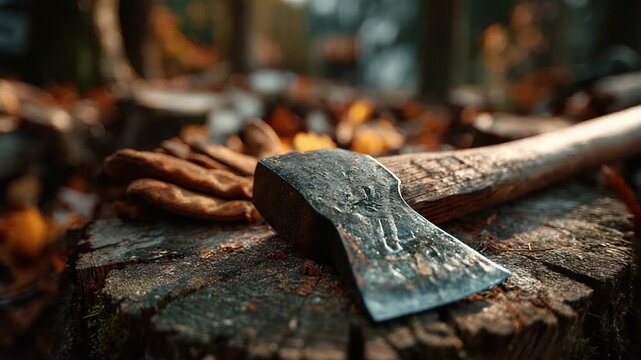 A weathered axe rests on a tree stump beside gloves, in a sunlit forest scene with fall colors