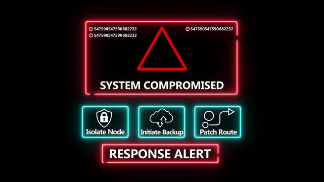 System compromised response notification on digital interface in data center server room with isolate node initiate backup patch route options.computer hacking attack warning message .4k video