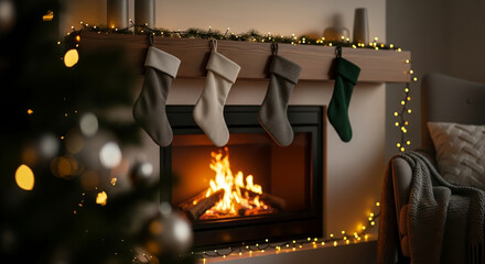 Cozy Fireplace Scene with Christmas Stockings Hanging Above Mantelpiece
