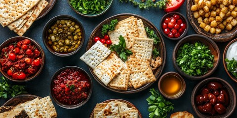 Traditional Jewish Passover food arranged on a table with plenty of copy space. The image focuses on cultural heritage and religious observance, highlighting the significance Passover, Generative AI