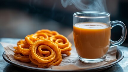 Traditional Pakistani chai served in a clear glass cup with steam rising, placed next to freshly fried, golden snack on a metal tray lined with paper.
