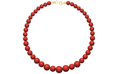 Red Pearl Necklace On White Background, Vintage Jewelry Beads Garland Vector Illustration.